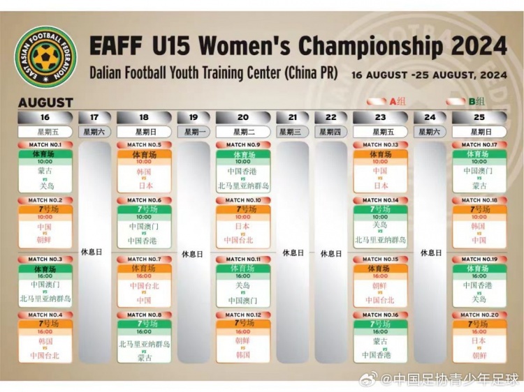 2024东亚U15女足锦标赛赛程：中国队与日韩、朝鲜、中国台北同组